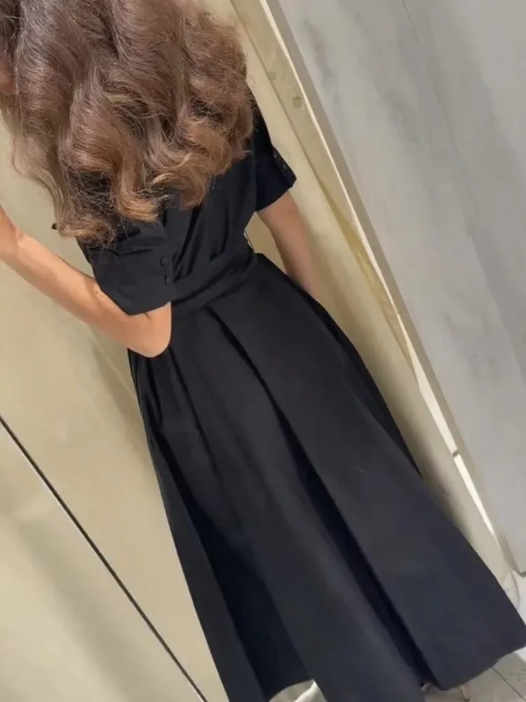 Elegant Maikling Manggas Lapel Midi Dress Para sa Babae Chic Solid Single Breasted Waist Long Dress Lady Holiday Evening Party Vestidos — image 5