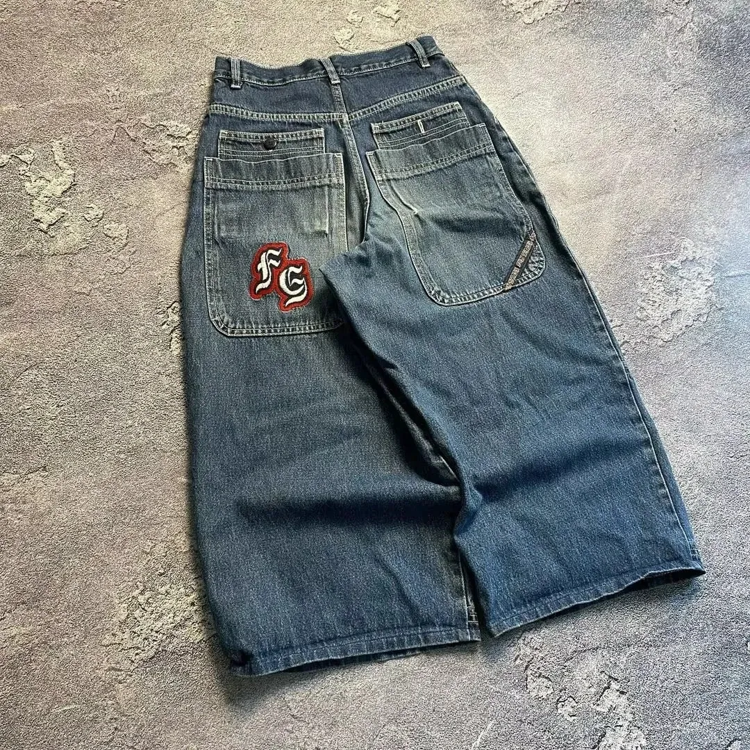 American Y2K Hip Hop Fashion Trend Skull Embroidery Spot Jeans Men Street Loose Straight Wide-leg Pants Couple Oversized Jeans — image 12