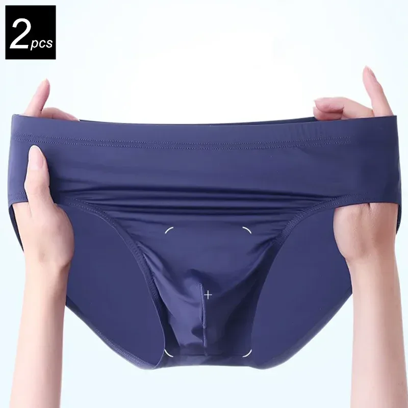 2pcs Ice Silk Men Bulge Pouch Briefs Silk Smooth Nylon Underwear Low Waist U Convex Male Panties Europe Size M-XXL — image 2