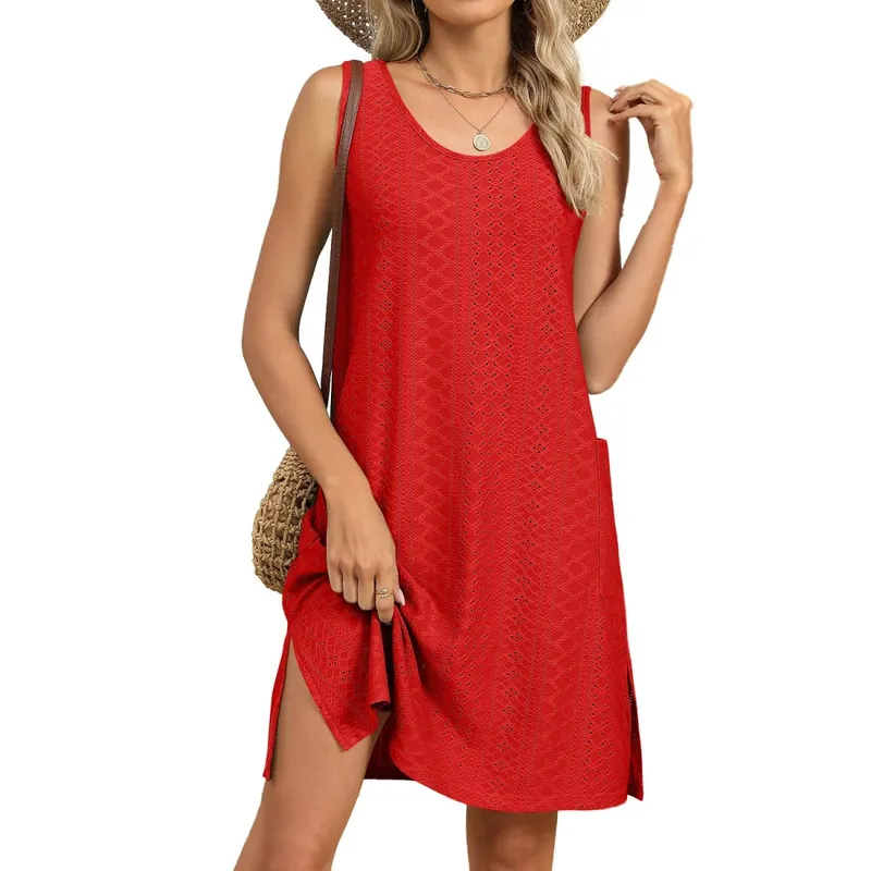 Summer Women's Dress Knit Midi Dresses Sleeveless Round Neck Casual Dress Eyelet Lace A Line Dress Pastel Blue For Woman — image 4
