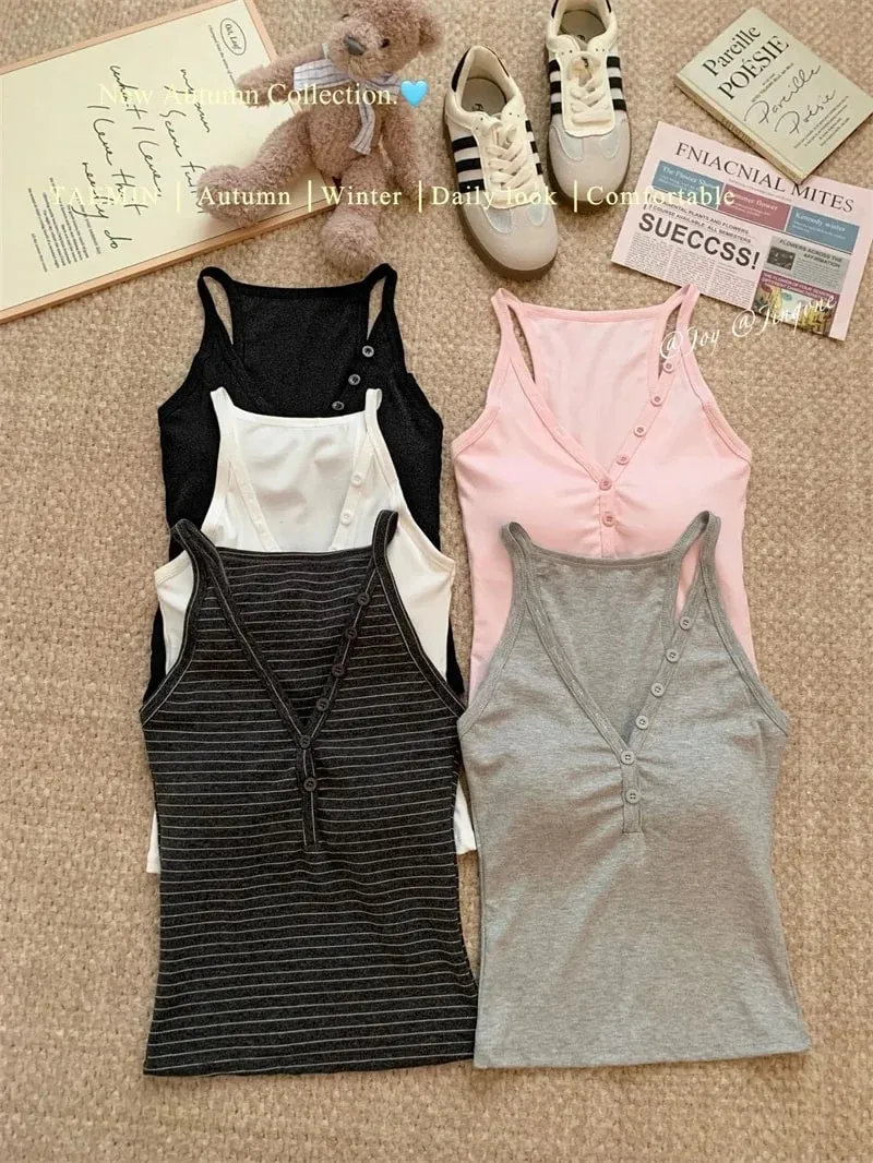 zjaiss Fashion Slim Fit Tank Top 2026 Summer V-neck Button Women Cami With Built-in Bra Pad Casual Basic Inner Top — image 8