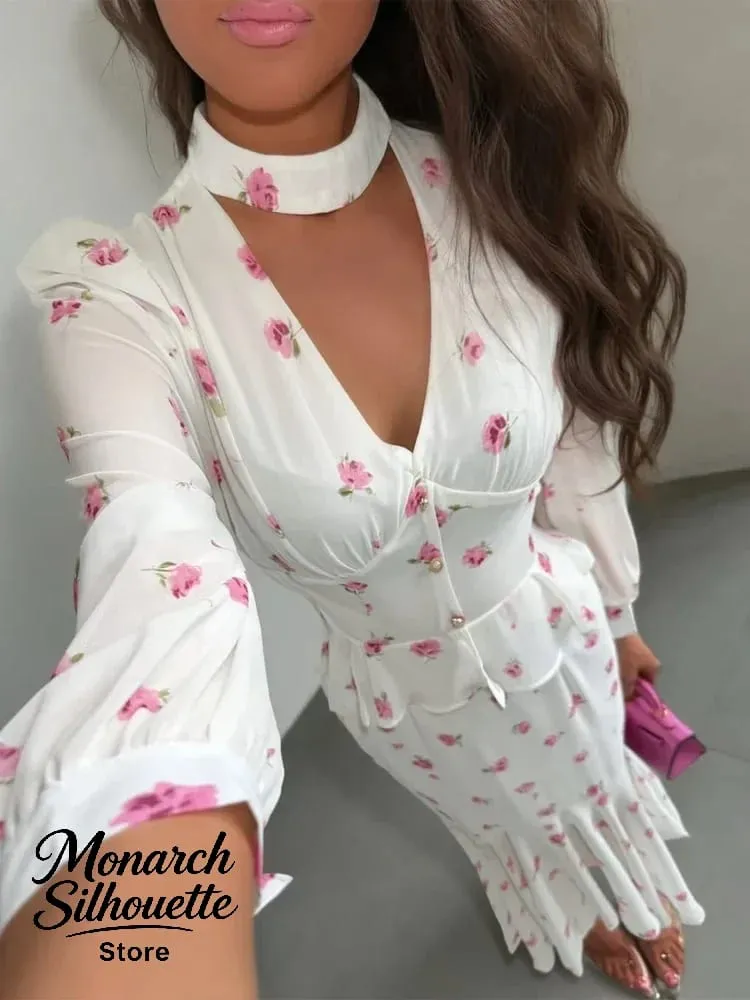 White Pink Floral Choker Neck Dress Women Elegant V-neck 3/4 Sleeves Peplum Ruffle Hem Long Dresses 2026 Lady Daily Vestidos New — image 3