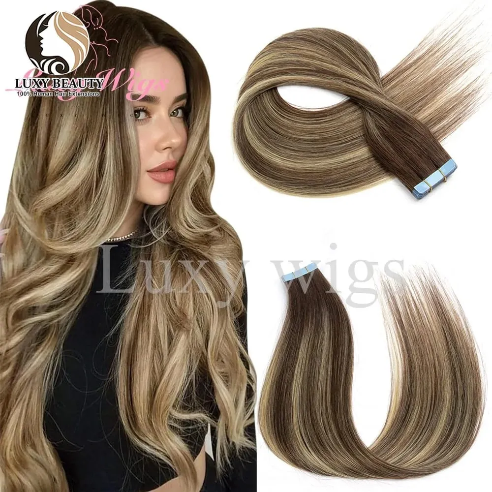 Highlights Brown Tape in Hair Extensions Human Hair Straight Black Blonde Seamless PU Skin Weft Tape In Hair Extensions 20PCS