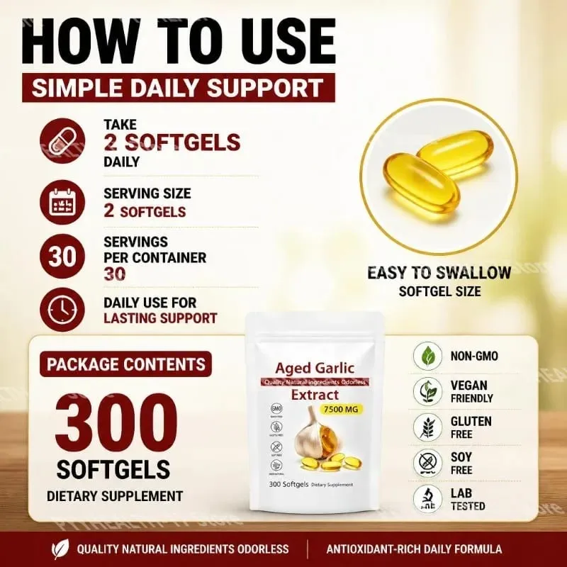 Aged Garlic Extract Softgels Odorless Immune Balance Support Antioxidant-Rich Daily Formula 7500 Mg Heart Vitality 300 Softgels