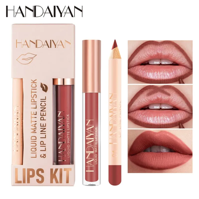 Pambabaeng 2-in-1 Lipstick Set na may Lip Liner Waterproof Long-lasting Korean Makeup Matte Finish Cosmetics Kit Libreng Pagpapadala — image 1
