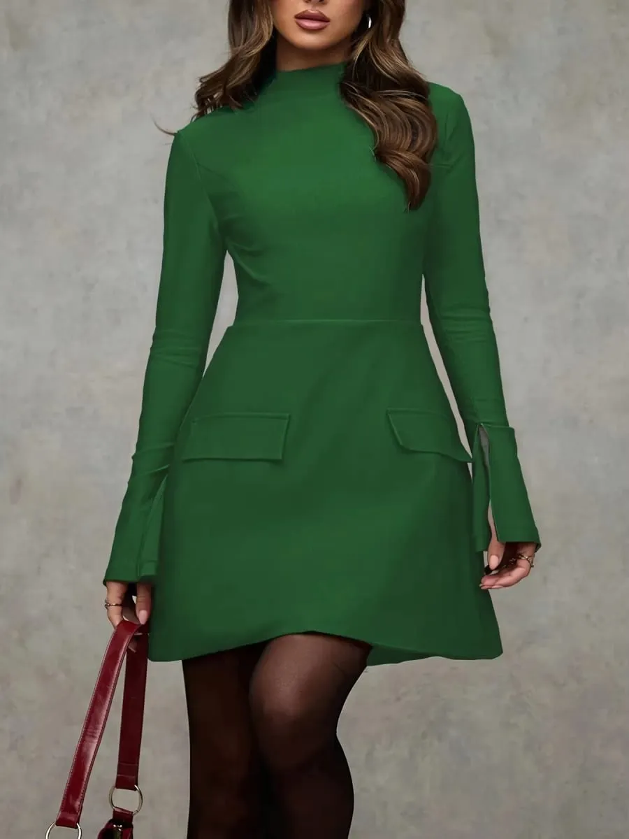 2026 Women Solid Mock Neck Split Flare Long Sleeve Mini Dress Pocket Design A‑Line Elegant Work Party Short Dress — image 2