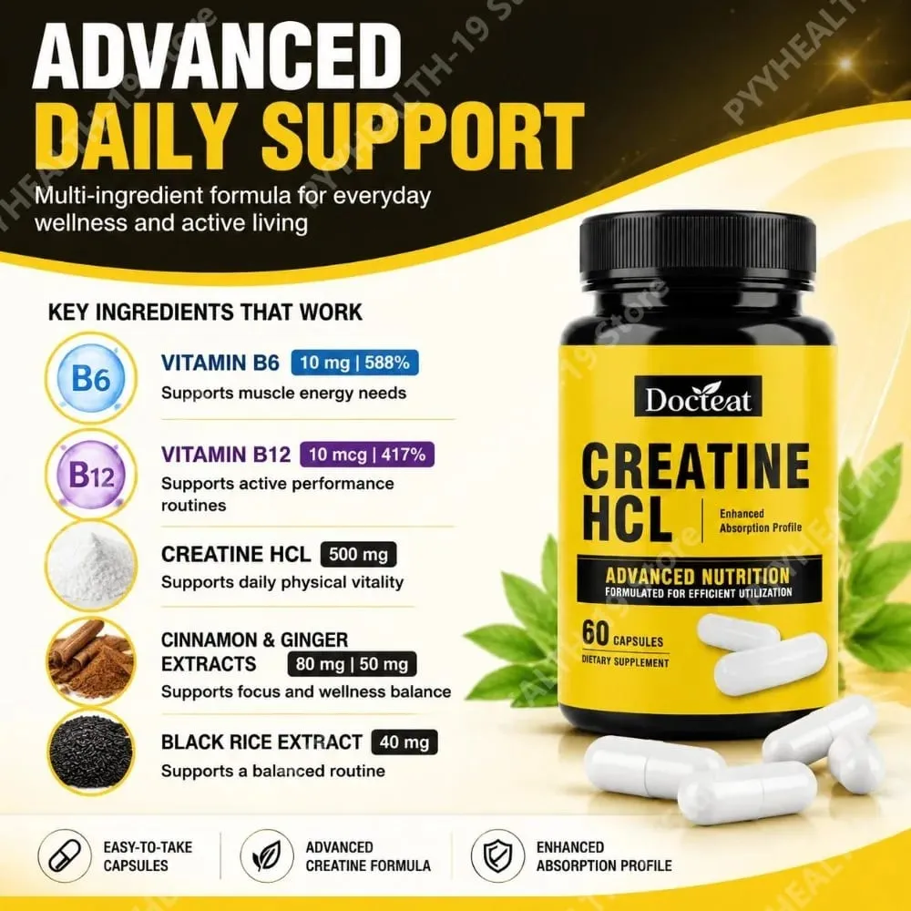 Docteat Creatine HCL Capsules with Vitamin B6 B12 & Cinnamon for Muscle Energy & Performance Support Adults 60 Capsules — image 3