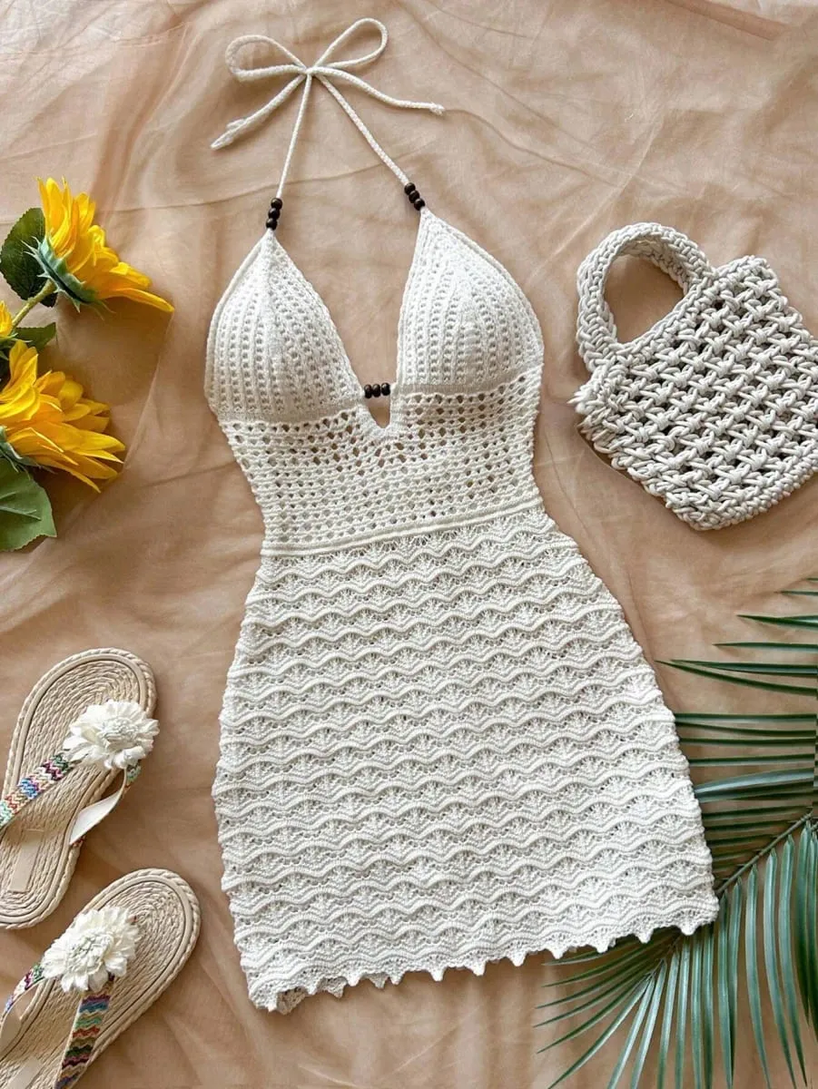 Vestido feminino branco de crochê frente única sem mangas — image 5