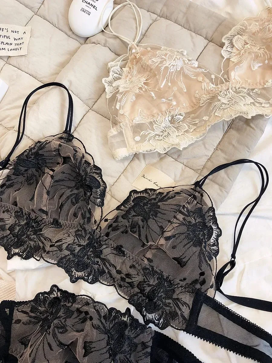 Embroidered Lace Bralette Set Triangle Cup Wireless Bra for Large Breasts Ultra Thin & Breathable Lingerie — image 4