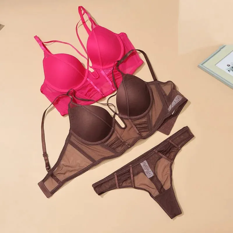 Lingerie oca com decote em v profundo espinha de peixe roupa íntima push up feminino sexy alongar sutiã e calcinha conjuntos moda jovens meninas íntimas — image 2