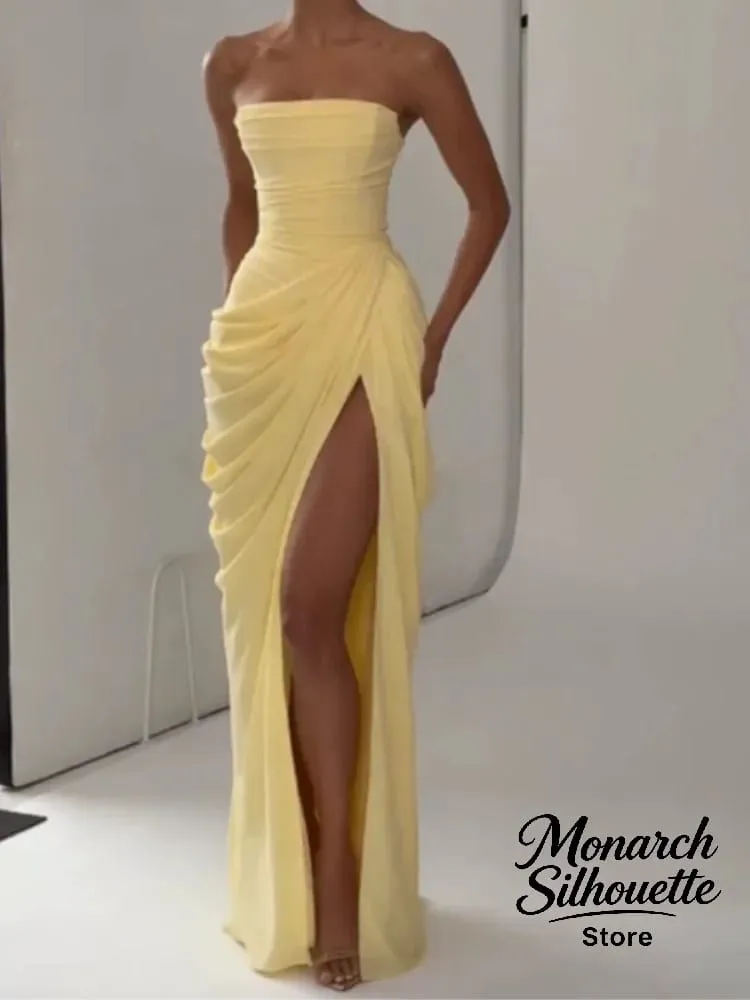 Elegante amarelo sem alças plissado vestido longo feminino chique sólido sem mangas cintura cinching split vestido 2026 senhora festa de noite robes — image 7