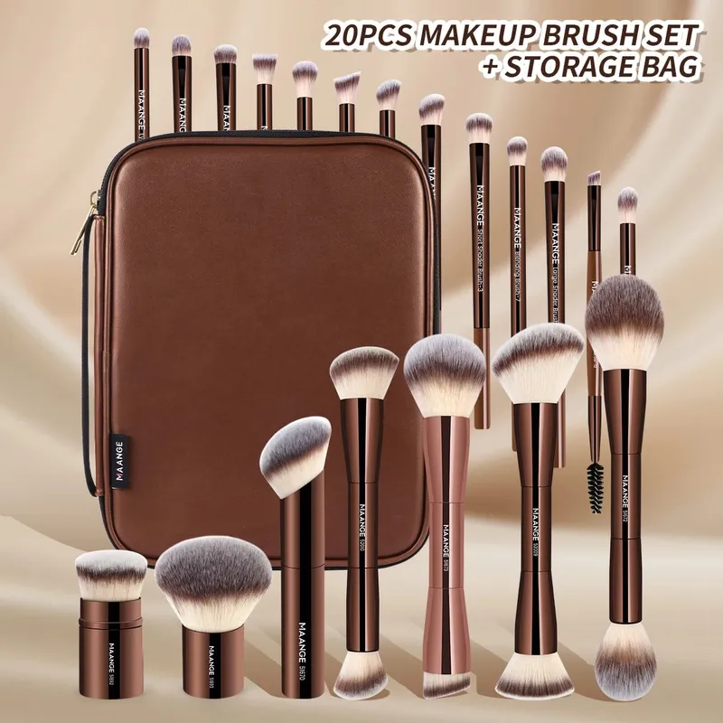 Pro Makeup Brush Kit 20pcs Brushes with Storage Bag Dual End Foundation Powder Blush Eyeshadow Brush Beauty Blending Kit