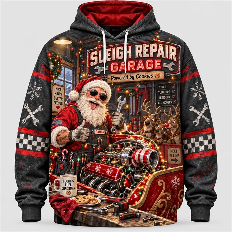 Funny Santa Christmas Hoodie 3D Print Karaoke Sleigh Repair Laundry Snack Holiday Party Pullover Winter Streetwear Gift — image 6