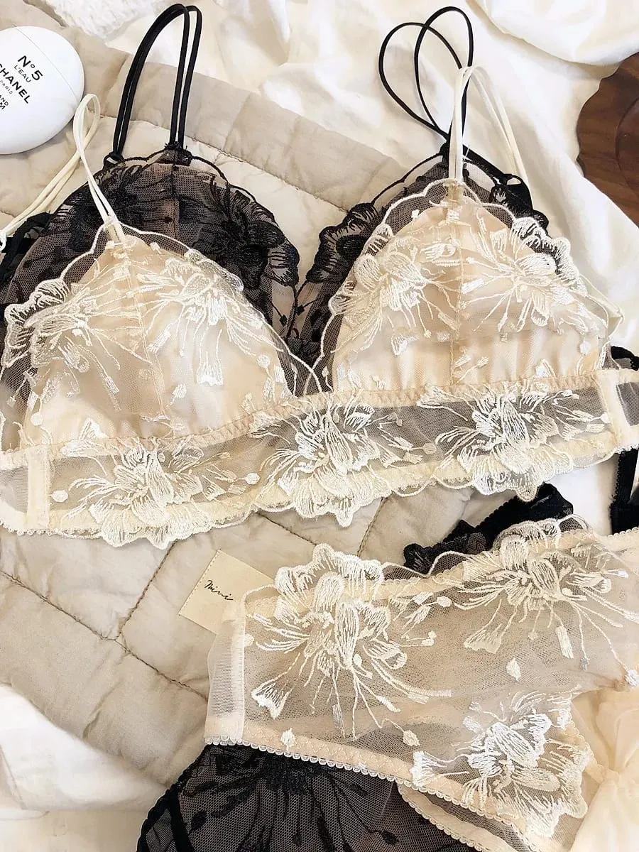 Embroidered Lace Bralette Set Triangle Cup Wireless Bra for Large Breasts Ultra Thin & Breathable Lingerie — image 3
