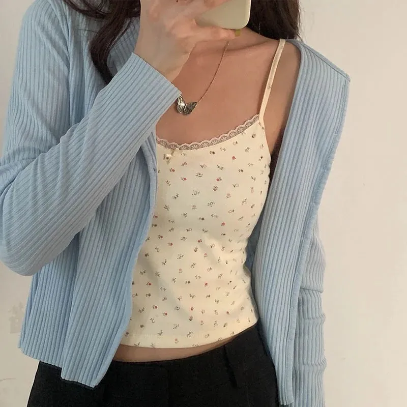 Original 100% Cotton Women's Short Knit Vest Printed Slim Fit Sexy Exposed Navel Lace Border Bow Sleeveless Lady Elastic Vests