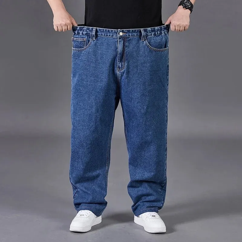 Plus Size Jeans Men High Elastic Waist Baggy Denim Pant Male Plus Large Loose Fit Cowboy Trouser Classic Black Blue Grey Clothes
