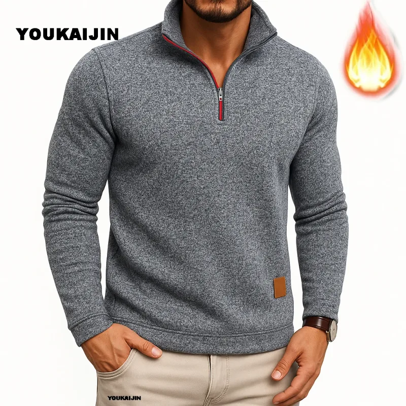 Men Sweatshirts Spring Thicker Pullover Quarter Zipper Pullover for Male Hoody Outdoor Sweatshir Autumn Solid Color Turtleneck — image 5