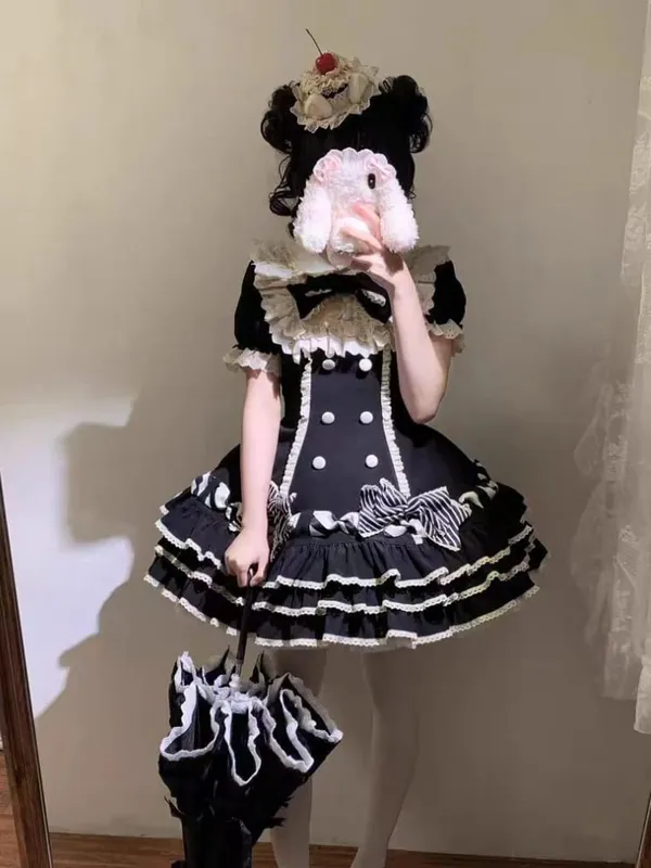 2025 Japanese Kawaii Sweet Lolita Princess Dress Women Pink Y2k Bow Lovely Slim Dresses Female Korea Style Design Chic Outfits