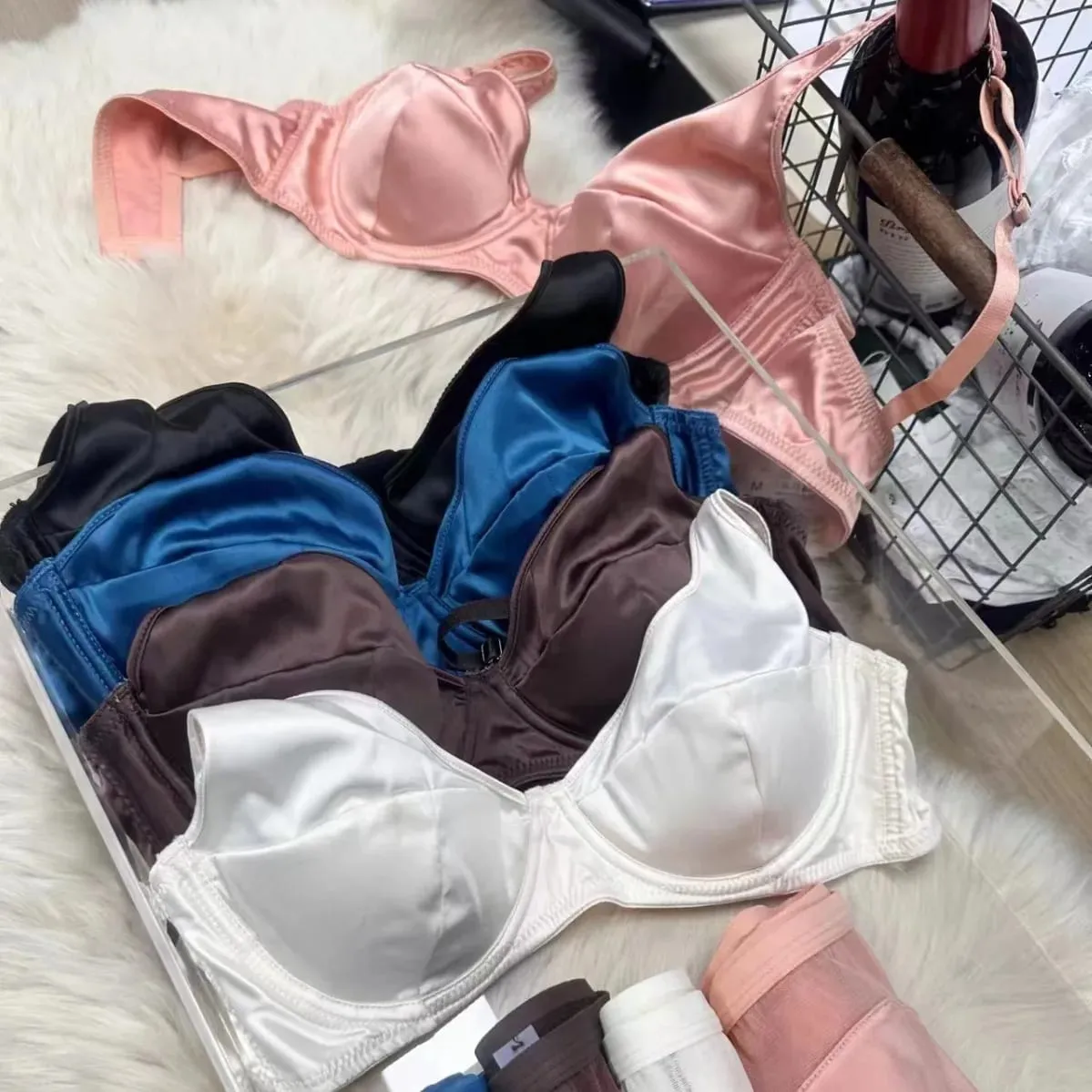 Conjunto de sutiã de cetim reunido, roupa íntima fina e confortável que não deixa marcas, seios grandes mostram pequeno push up lingerie briefs terno — image 4