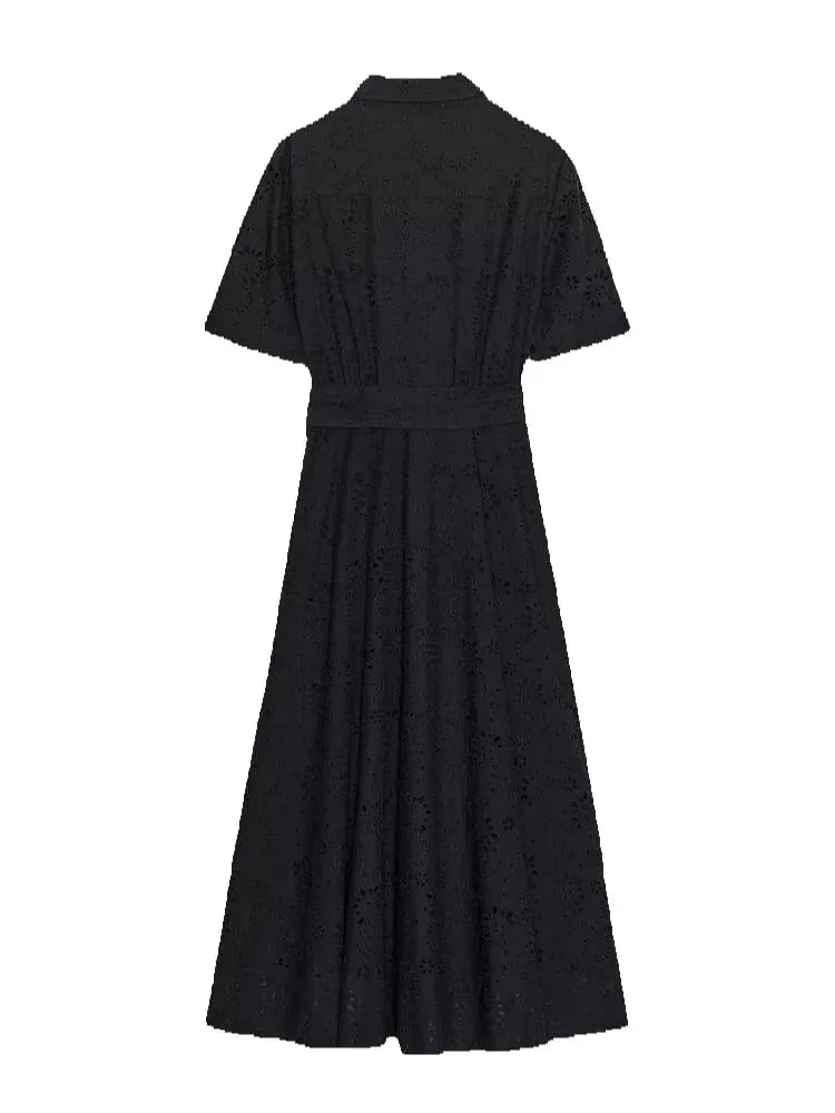 Elegant Maikling Manggas Lapel Midi Dress Para sa Babae Chic Solid Single Breasted Waist Long Dress Lady Holiday Evening Party Vestidos — image 7