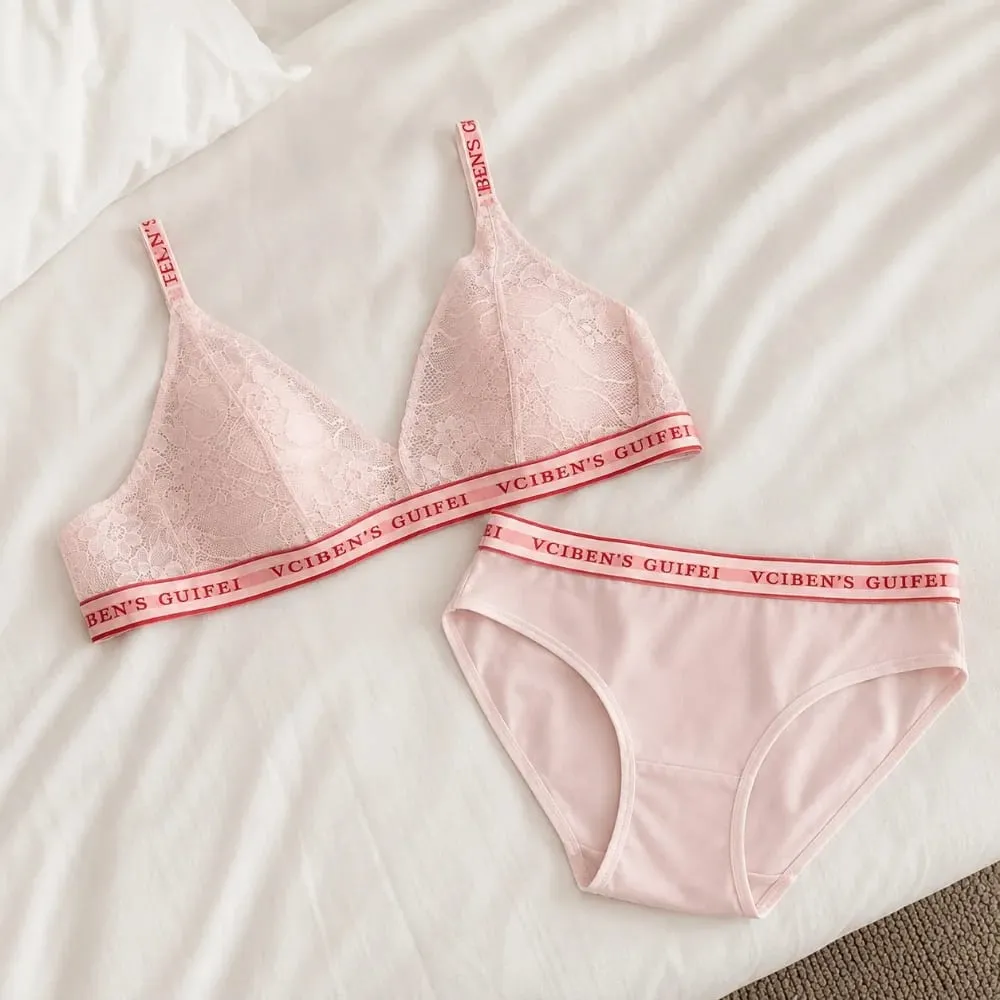 Fashion Letter Design Lingerie Set Deep V Wireless Women Underwear Suit Lace Color Blocking Bra Panties Set Gift — image 5