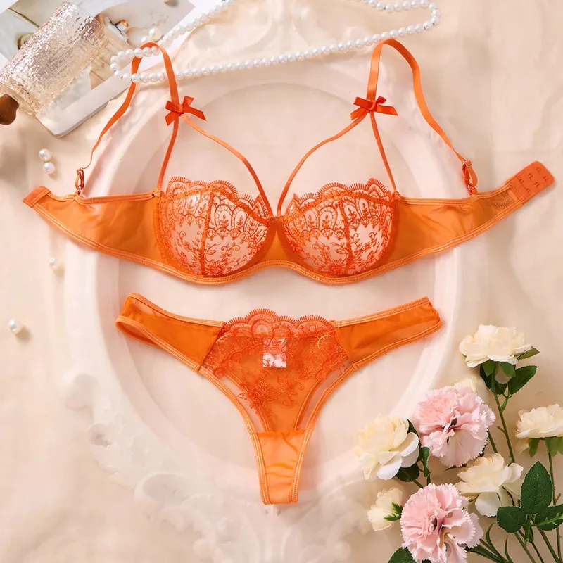 Sexig Orange Spets Underkläder Set Kvinnor Push Up BH och Trosa Set Butterfly Rosett Underkläder Kvinnliga Intimates Sovkläder
