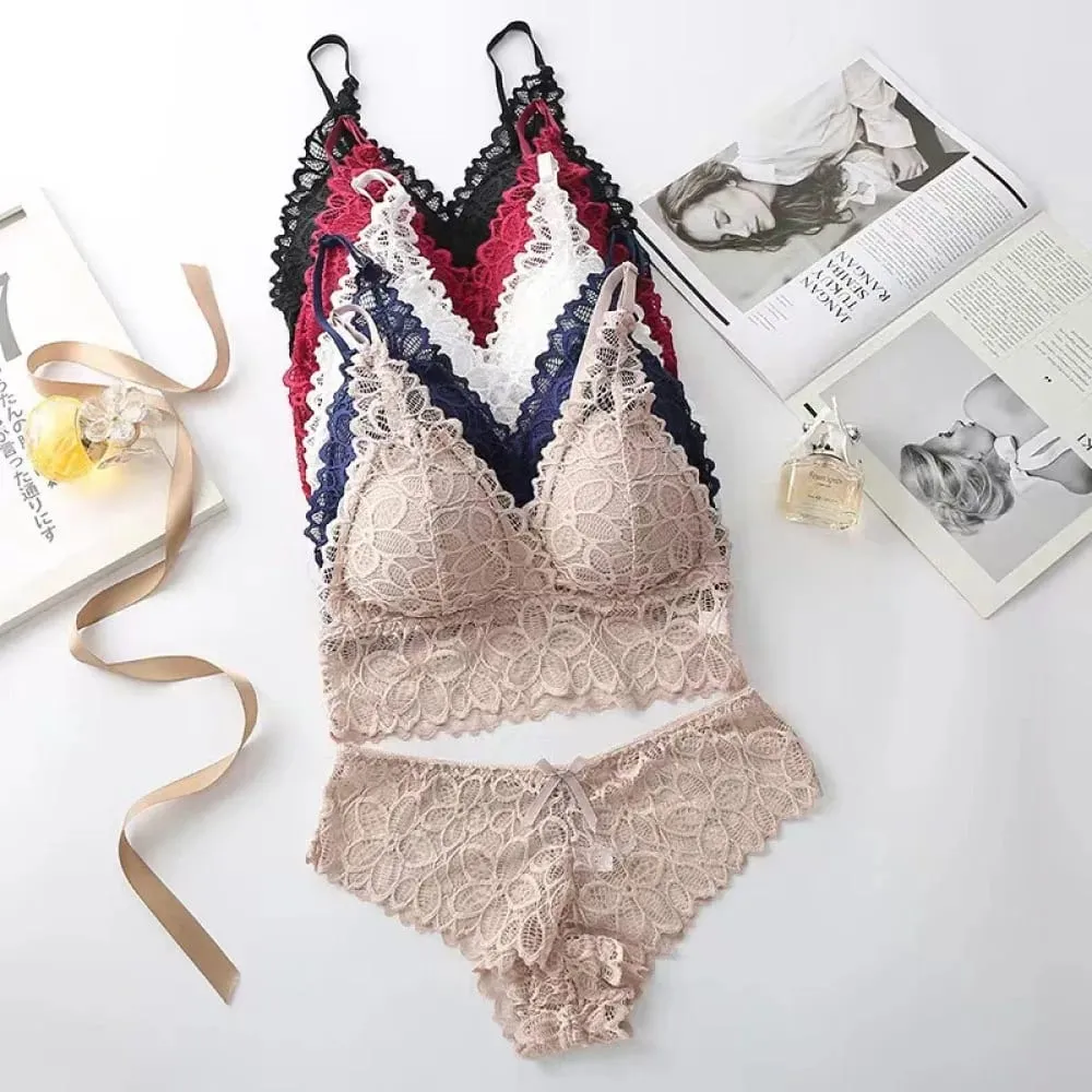 French Style Lace Lingerie Set Wireless Bra Panty Sexy Breathable Thin Cup Underwear Comfortable Gathered Intimate Wear — image 2