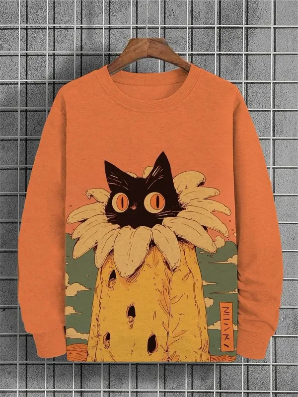 Djurkatttröjor för män Långärmad tröja O-halsmode Cool dagligen 3D-tryckta japanska konsttryck Casual sweatshirts