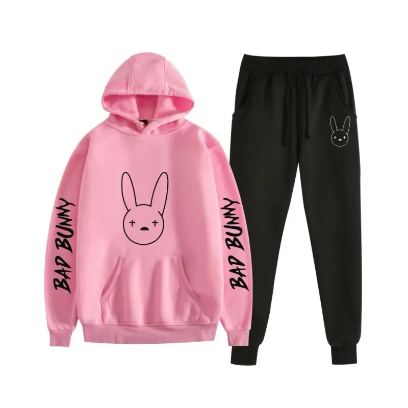 Harajuku Bekväm bad bunny Tryck Sweatshirt Träningsbyxor Kostym Dam Luvtröjor+ Byxor Kostym Pojkar/Flickor 2-delat set Kläder — image 60