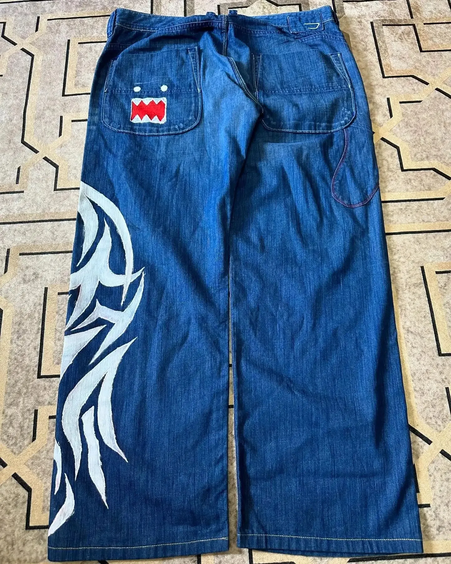 Y2k Dark Wash Baggy Jeans Men Shark Mouth Pocket Print White Tribal Flame Side Graphic Harajuku Wide Leg Hip Hop Denim Trousers — image 10
