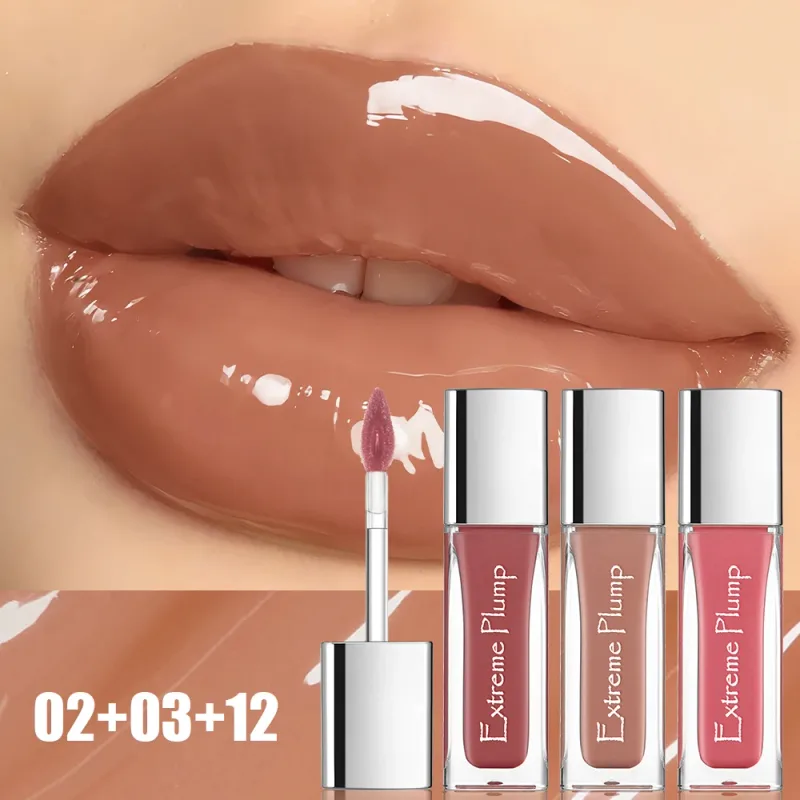 3 pezzi di lucidalabbra paffuto estremo set finitura in vetro a specchio idratante a lunga durata smalto per labbra rossetto liquido nudo impermeabile non appiccicoso — image 2