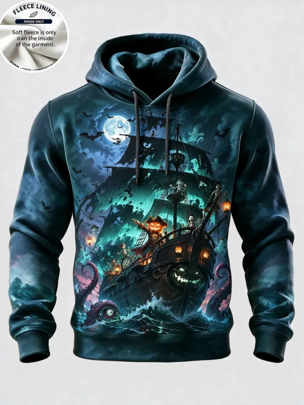 Men Fleece Lined Hoodie Halloween Werewolf Red Moon Print Pullover Hooded Sweatshirt Street Hoody — image 6