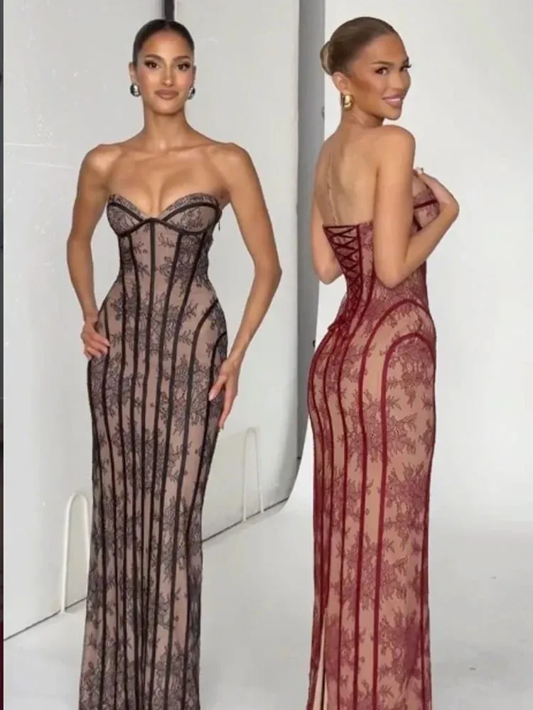 Mulheres sem alças tule espinha de peixe vestido sem costas fora do ombro impresso retalhos magro maxi vestidos 2026 senhora chique festa vestido de noite — image 3