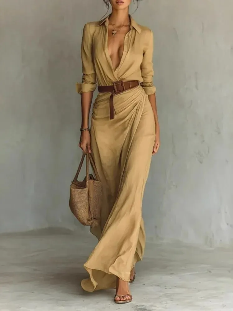 Fashion Sexy Single-breasted V-neck Long-sleeved Dress For Women Elegant Spring Autumn Solid Color Irregular Belt Dresses Female — image 1