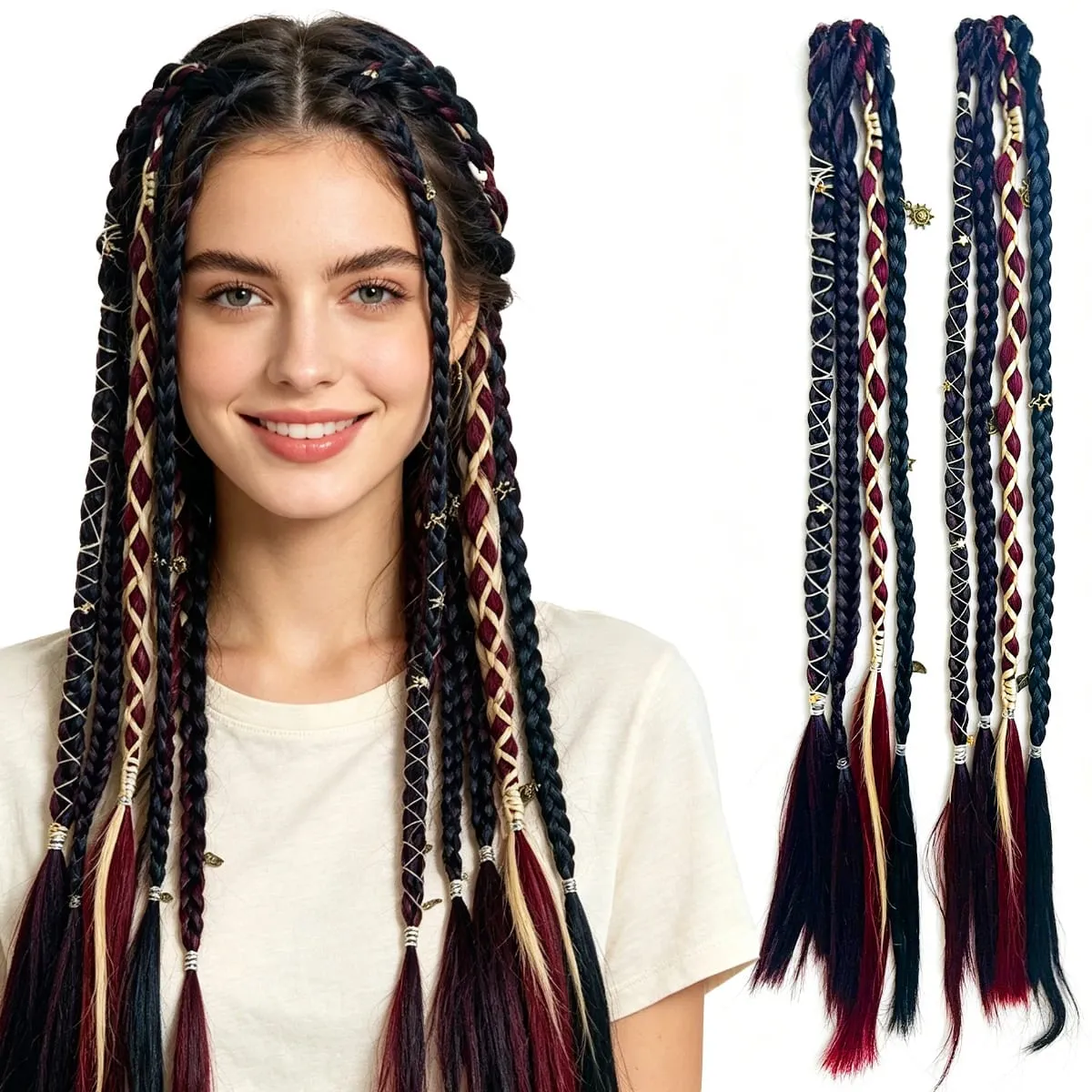 Box Braids Hair Extensions Pre-Braided Synthetic Colored Twist Braids with Hair Accessories for Women Hip Hop Punk Festival — image 2
