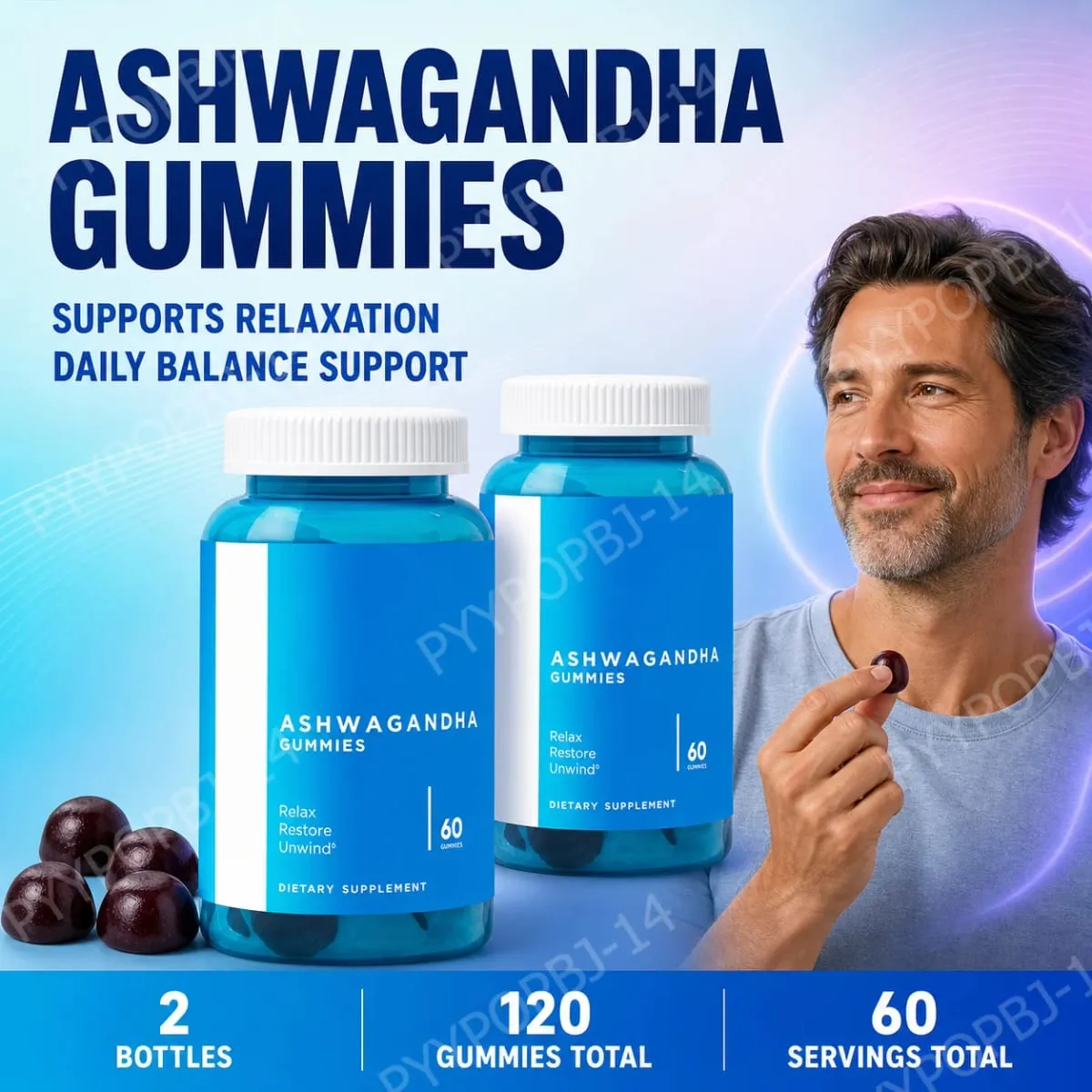 Conjunto de gomas de 3 pacotes: Ashwagandha para alívio do estresse, probióticos para a saúde intestinal + suplemento ACV Detox vegano sem glúten 60 ct cada — image 1