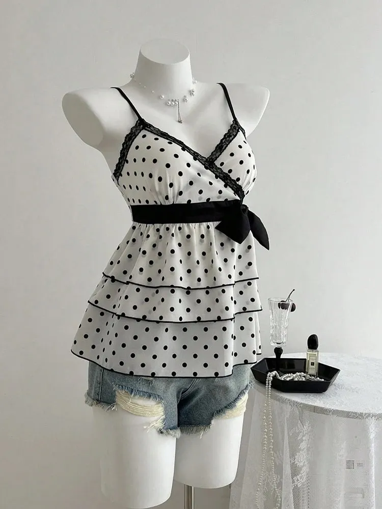 French-Style Retro Lace Patchwork Color-Blocked Bow Polka Dot Camisole Sweet Youthful Stylish Slimming Vacation High-End Top for Women Women's Clothing — image 4