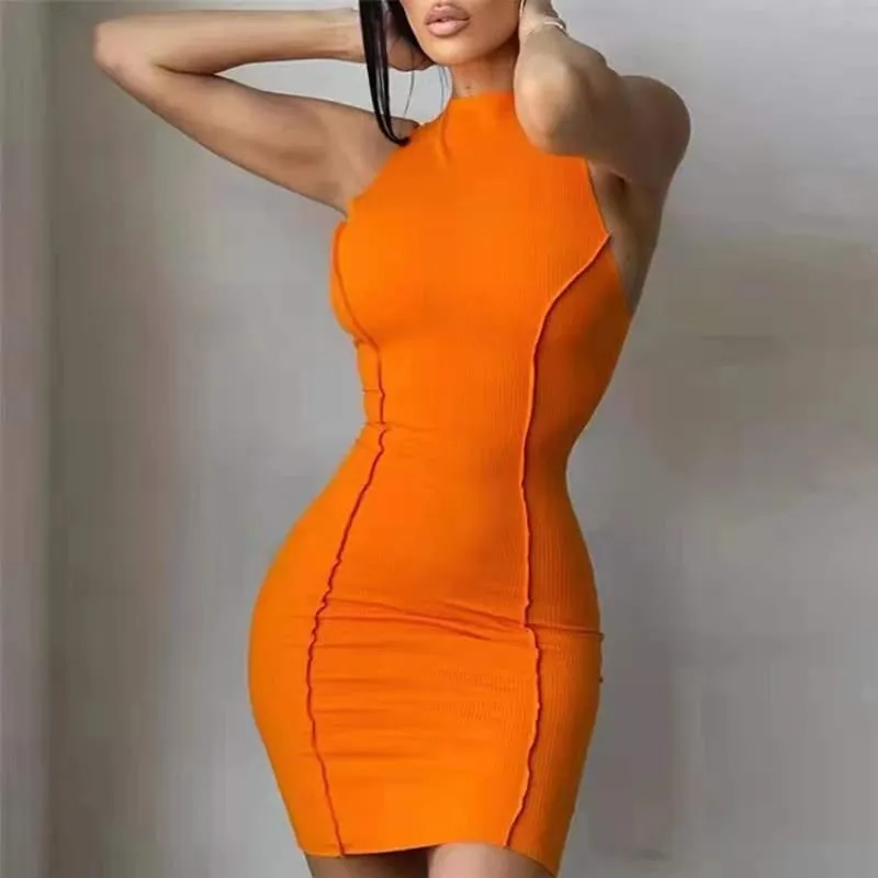 Mulheres verão sexy magro envoltório hip vestido sólido retalhos o pescoço sem mangas mini vestidos ins moda alta rua bainha vestidos
