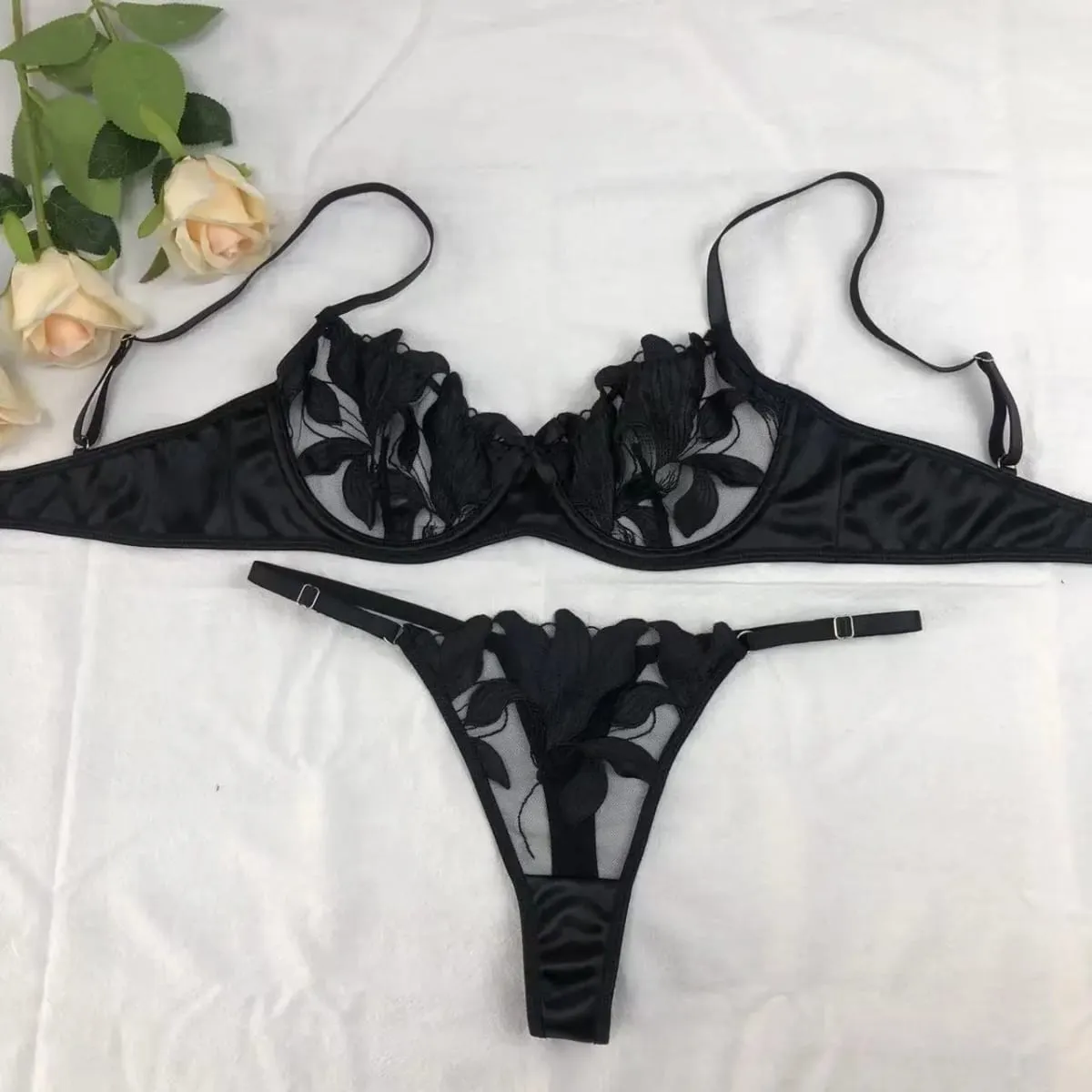 Floral Embroidery Sexy Lingerie Set for Women Underwear Transparent Bralette Underwire Push Up Bra and Panty 2 Piece Set — image 4