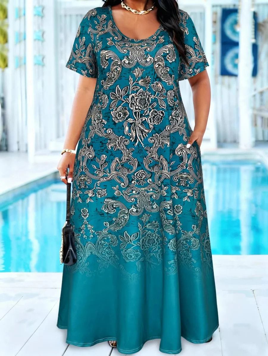 Plus Size Teal Baroque Floral Print Maxi Dress Summer Casual Short Sleeve Scoop Neck Loose Long Sundress na May Pocket — image 2
