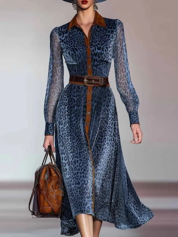 Mulher elegante vestidos retro turndown colarinho leopardo impressão vestido longo outono único breasted manga longa vestido de cowboy ocidental