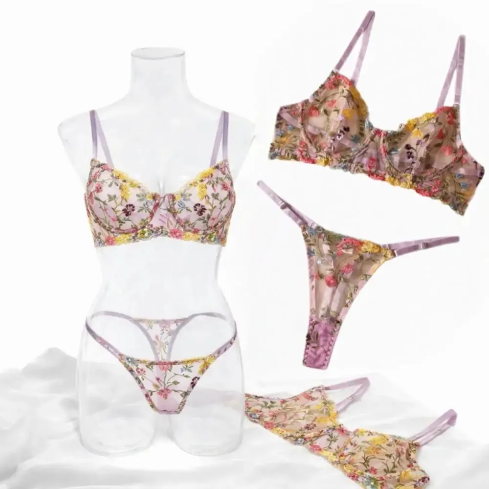 2-Piece Fashion Floral Lingerie Set Embroidery Versatile Underwear Intimates Sheer Underwire Push-up Bra Panty Set For Lady Girl — image 2