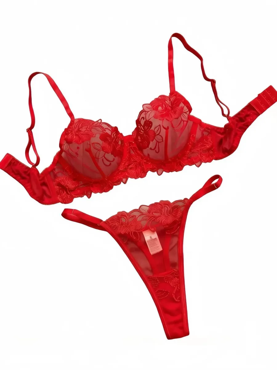 A1 sexy vermelho floral bordado puro laço lingerie conjunto S-XL feminino ver através de malha sutiã tanga 2 pçs romântico dia dos namorados íntimos — image 2