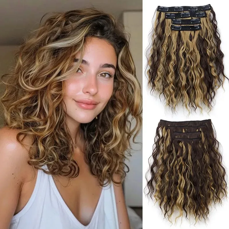 4 Pieces/Set Synthetic Clip In Hair Extensions Short Water Ripple Hair Pieces Soft Fluffy Curly Wig Fashion Hair Accessories — image 7