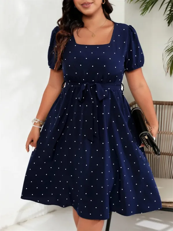 Vestido feminino plus size, gola quadrada, bolinhas, cinto, elegante, retrô, manga bufante, cintura alta, verão, linha a, vestidos grandes