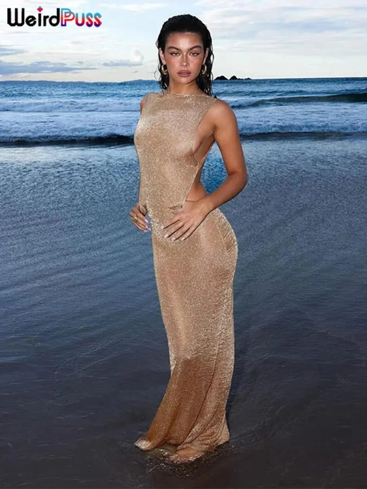 Estranho puss ver através do vestido feminino 2024 verão fino sem mangas glitter splits coquette sem costas clubwear praia sexy vestidos — image 6
