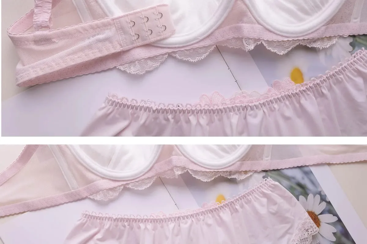 Japanese Style Thin Embroidered Girls Bra Set Soft Underwire Sweet Cute Large Cup Brassiere & Panty Lingerie Set