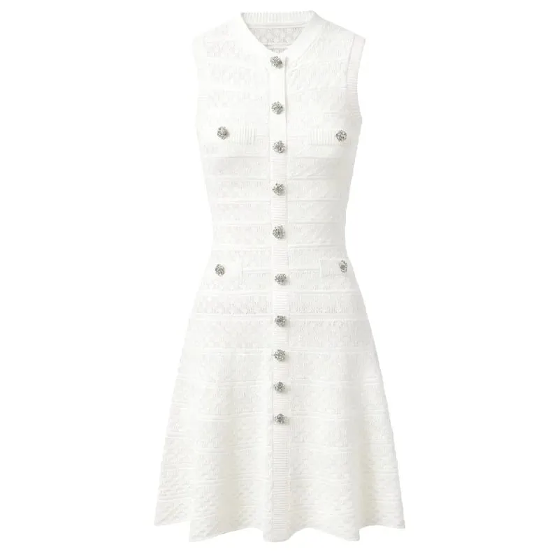 New Summer Women's Sleeveless Knit Dress Elegant Sweet Pink Casual Party Mini Short Dresses Female Knitwears with Buttons — image 4