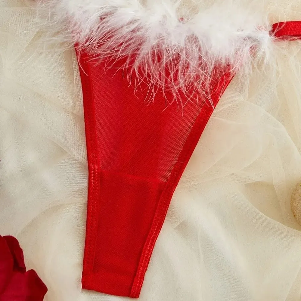 Christmas Furry Women's Underwear Mesh Transparent Bow Decor Lingerie Set Romantic Intimate Wireless Bra Panties Suit Christmas — image 3