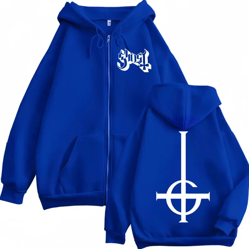 Venda quente Ghost Rock Band Logotipo Zíper Moletom Com Capuz Masculino Feminino Moda de Alta Qualidade Zip Up Moletons Casual Solto Pulôveres de Lã